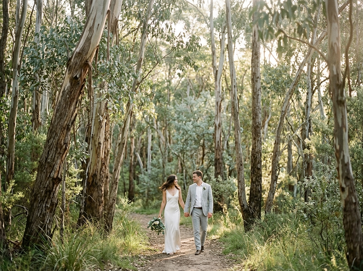 Couple walking through eucalyptus trees