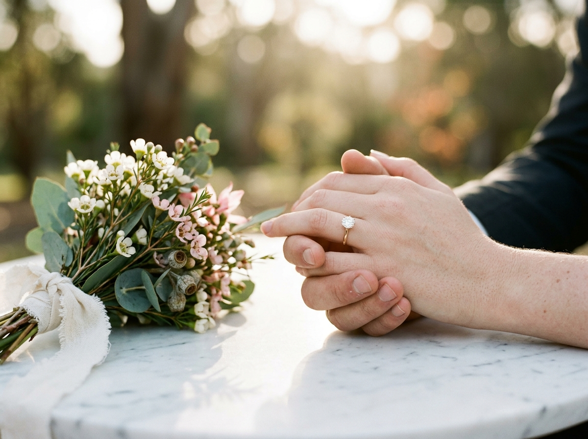 Intertwined hands with engagement ring
